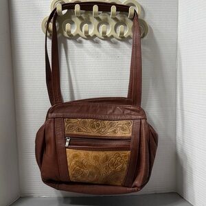 Brown Shoulder Bag Embossed Tooled Floral 3 Zipper Closure Top 2 Pockets on Side